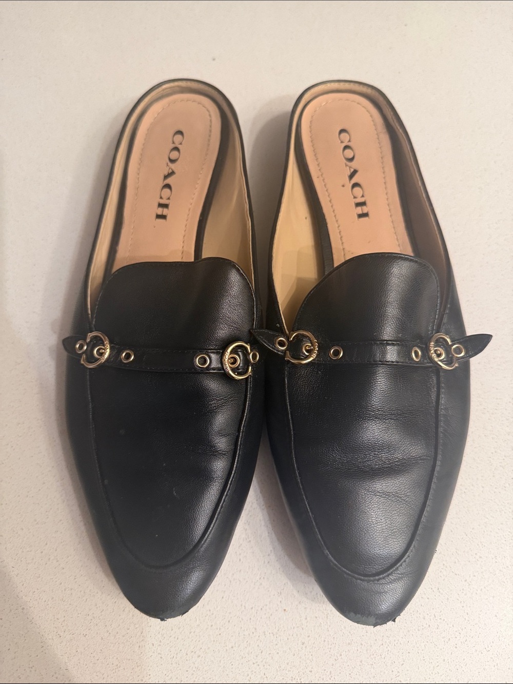Coach Black Leather Mule Loafers with Gold Hardware